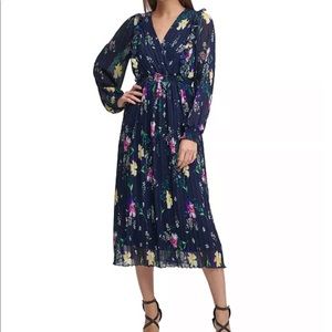DKNY Floral-Print Pleated Ruffled A-Line Midi Dress